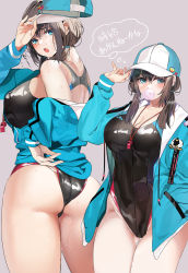 Rule 34 | 1girl, ass, back, bare shoulders, baseball cap, black hair, black one-piece swimsuit, blue eyes, blue jacket, blush, breasts, blowing bubbles, chewing gum, cleavage, collarbone, competition swimsuit, covered navel, hat, highleg, highleg swimsuit, highres, jacket, large breasts, long hair, long sleeves, looking at viewer, low twintails, marushin (denwa0214), multiple views, one-piece swimsuit, open clothes, open jacket, open mouth, original, swimsuit, thighs, thought bubble, translation request, twintails, whistle, whistle around neck