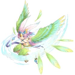 Rule 34 | 1girl, action, armlet, bare shoulders, bird legs, bird tail, blue hair, blue pupils, breasts, carol (clover theater), clover theater, feather hair ornament, feathered wings, feathers, gradient hair, green feathers, green wings, hair ornament, harpy, headdress, heart-shaped gem, monster girl, multicolored hair, navel, observerz, official art, open mouth, pink eyes, pink feathers, pink hair, revealing clothes, small breasts, solo, tail, talons, throwing, transparent background, winged arms, wings, yellow feathers