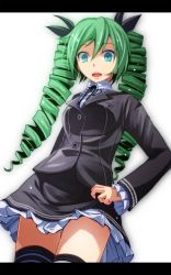 Rule 34 | 1girl, absurdres, aqua eyes, bad id, bad pixiv id, breasts, cowboy shot, drill hair, female focus, frilled sleeves, frills, green hair, hatsune miku, highres, himitsu keisatsu (vocaloid), letterboxed, long hair, looking at viewer, medium breasts, pillarboxed, project diva (series), solo, thighhighs, thighs, tsukishiro saika, twin drills, vocaloid, white background, zettai ryouiki