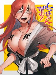 Rule 34 | !, 1girl, abarai renji, black kimono, bleach, blush, border, breast tattoo, breasts, center opening, collarbone, dotsuco, eyes visible through hair, fangs, forehead tattoo, genderswap, genderswap (mtf), hair between eyes, half-closed eyes, highres, japanese clothes, kimono, large breasts, long hair, looking at viewer, no bra, off shoulder, open clothes, open kimono, open mouth, outside border, red hair, sanpaku, sash, shihakusho, solo, sweat, tattoo, teeth, tongue, white border, yellow background