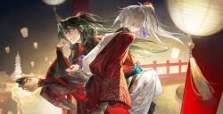 Rule 34 | 2boys, archer (fate/samurai remnant), architecture, back, black hanfu, chinese clothes, chinese commentary, chinese hairpin, choko (cup), cup, east asian architecture, fate/samurai remnant, fate (series), from behind, gaelyon, green hair, grey hair, hair ornament, half updo, hanfu, head on hand, high ponytail, highres, holding, holding cup, lamp, long hair, looking at another, low-tied sidelocks, male focus, multiple boys, night, parted lips, ponytail, red eyes, red hanfu, red robe, robe, sidelocks, sitting, tassel, tassel hair ornament, white hanfu, zheng chenggong (fate)