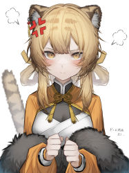 Rule 34 | 1girl, puff of air, absurdres, anger vein, animal ear fluff, animal ears, arknights, black shawl, blush, clenched hands, closed mouth, commentary request, dress, du yaoye (arknights), earrings, fur shawl, hair ribbon, hair rings, highres, jewelry, long hair, long sleeves, looking at viewer, orange eyes, orange sleeves, pout, ribbon, shawl, shrug (clothing), simple background, solo, tab head, tail, tassel, tassel earrings, tiger ears, tiger girl, tiger tail, translation request, upper body, white background, white dress, yellow ribbon