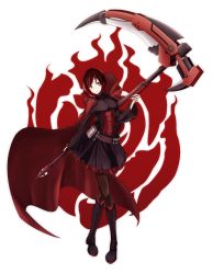 Rule 34 | 1girl, absurdres, black pantyhose, boots, cape, corset, dice gt, full body, gothic lolita, grey eyes, head tilt, highres, lolita fashion, pantyhose, ruby rose, rwby, scythe, short hair, simple background, solo, standing, weapon, white background