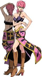 Rule 34 | 1girl, ass, back, boots, breasts, butt crack, character sheet, choker, from behind, high heel boots, high heels, jojo no kimyou na bouken, midriff, navel, official art, pink hair, short hair, shoulder blades, skirt, small breasts, solo, strap, thighs, trish una