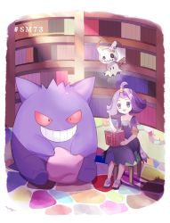 Rule 34 | 1girl, :3, :d, acerola (pokemon), armlet, book, bookshelf, chair, commentary, creatures (company), dress, elite four, flipped hair, flying, full body, game freak, gen 1 pokemon, gen 7 pokemon, gengar, grin, hair ornament, hand up, holding, holding book, index finger raised, indoors, looking at another, mei (maysroom), mimikyu, multicolored clothes, multicolored dress, nintendo, on floor, open book, open mouth, pokemon, pokemon (anime), pokemon (creature), pokemon sm (anime), purple dress, purple eyes, purple footwear, purple hair, sandals, shadow, short hair, short sleeves, signature, sitting, smile, stitches, stool, sunlight, toeless footwear, trial captain