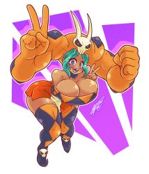 Rule 34 | 1girl, absurdres, blush, boots, breasts, cerebella (skullgirls), cleavage, dark-skinned female, dark skin, detached collar, full body, green hair, green lips, hat, highres, large breasts, looking at viewer, open mouth, purple background, purple eyes, sketchytodd, skirt, skullgirls, smile, solo, standing, thick thighs, thigh boots, thighs, v, vice-versa (skullgirls), wide hips