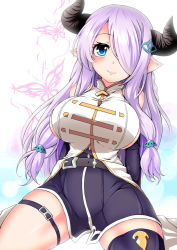 Rule 34 | 1girl, arms behind back, bare shoulders, belt, blue eyes, blush, breasts, commentary request, draph, elbow gloves, female focus, gloves, granblue fantasy, hair ornament, hair over one eye, horns, large breasts, light purple hair, long hair, looking at viewer, narmaya (granblue fantasy), pointy ears, semikichi, sideboob, sitting, smile, solo, thigh strap