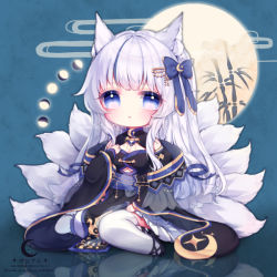 Rule 34 | 1girl, animal ears, bamboo, black kimono, blue background, blue bow, blue eyes, blue hair, blush, bow, breasts, chibi, cleavage, closed mouth, commentary request, copyright request, crescent, egasumi, fox ears, fox girl, fox tail, full body, full moon, hair bow, hair ornament, hairclip, hand up, japanese clothes, juliet sleeves, kimono, kitsune, kyuubi, long sleeves, medium breasts, moon, moon phases, multicolored hair, multiple tails, puffy sleeves, reflection, silver hair, sitting, solo, streaked hair, tail, thighhighs, translation request, virtual youtuber, white thighhighs, wide sleeves, yokozuwari, yorica