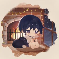 Rule 34 | 1boy, alternate costume, animal, barefoot, beichuanjing, black hair, blush, cat, chibi, christmas lights, closed mouth, cup, fireplace, genshin impact, highres, holding, holding cup, indoors, male focus, night, purple eyes, rug, scaramouche (cat) (genshin impact), scaramouche (genshin impact), sitting, snow, snowing, steam, tears, window