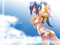 Rule 34 | 00s, 1girl, :d, ass, bikini, blue eyes, blue hair, blush, breasts, butt crack, character name, cloud, dated, day, dimples of venus, dutch angle, happy birthday, hayase mitsuki, kimi ga nozomu eien, large breasts, lens flare, long hair, looking afar, looking back, matching hair/eyes, non-web source, one-piece tan, open mouth, ponytail, shiny skin, side-tie bikini bottom, sky, smile, solo, swimsuit, tan, tanline, underboob, wallpaper, yellow bikini