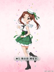 Rule 34 | 1girl, ;), adapted costume, black footwear, black ribbon, boots, brown eyes, brown hair, character name, commentary request, confetti, cross-laced footwear, from side, full body, girls und panzer, girls und panzer senshadou daisakusen!, green ribbon, green skirt, grin, hair ribbon, hat, idol, kadotani anzu, lace-up boots, layered skirt, looking at viewer, looking back, miniskirt, neck ribbon, official art, one eye closed, parted bangs, pleated skirt, ribbon, sailor collar, sailor hat, shirt, single thighhigh, skirt, sleeveless, sleeveless shirt, smile, solo, standing, standing on one leg, star (symbol), thighhighs, tilted headwear, translated, twintails, watermark, waving, white hat, white sailor collar, white shirt, white thighhighs, wrist cuffs