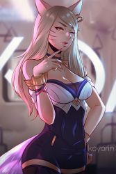 Rule 34 | 1girl, ahri (league of legends), animal ears, artist name, bare shoulders, blonde hair, blurry, blurry background, bracelet, breasts, choker, cleavage, cowboy shot, earrings, facial mark, fingernails, fox ears, fox tail, highres, idol, jewelry, k/da (league of legends), k/da ahri, koyorin, large breasts, league of legends, lips, long hair, looking at viewer, nail polish, official alternate costume, one eye closed, sharp fingernails, shorts, solo, standing, tail, thighhighs, train interior, whisker markings, yellow eyes