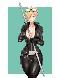 Rule 34 | 1girl, absurdres, alternate costume, black bodysuit, blonde hair, bodysuit, breasts, catsuit, cleavage, closed mouth, collarbone, curvy, eye (mememem), falke (street fighter), feet out of frame, fingerless gloves, gloves, goggles, goggles on head, green eyes, hair over one eye, highres, holding, holding weapon, looking at viewer, medium breasts, short hair, skin tight, solo, standing, street fighter, street fighter v, thick thighs, thighs, tight clothes, unzipped, weapon