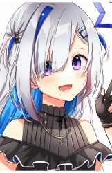 Rule 34 | 1girl, :d, absurdres, amane kanata, amane kanata (work), asymmetrical hair, black gloves, black ribbon, black shirt, blue hair, blush, colored inner hair, commentary, eyes visible through hair, fingerless gloves, frills, gloves, hair between eyes, hair ornament, hairclip, halo, highres, hololive, jewelry, long hair, looking at viewer, multicolored hair, neck ribbon, necklace, official alternate costume, open mouth, parted bangs, pink hair, portrait, purple eyes, ribbed shirt, ribbon, shigure0730, shirt, short twintails, silver hair, simple background, smile, solo, star (symbol), star necklace, straight hair, streaked hair, turtleneck, twintails, virtual youtuber, white background