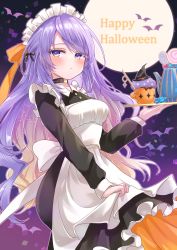 Rule 34 | 1girl, absurdres, alternate costume, apron, apron hold, black choker, black dress, blonde hair, blush, candy, choker, closed mouth, cup, dress, earrings, food, frilled dress, frills, gradient hair, happy halloween, highres, holding, holding tray, hololive, hololive indonesia, hoop earrings, jewelry, lollipop, long hair, long sleeves, looking at viewer, maid, maid apron, maid headdress, moona hoshinova, multicolored hair, null maru, purple hair, solo, starry hair, swirl lollipop, tray, two-tone hair, virtual youtuber