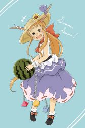 Rule 34 | 1girl, belt, black footwear, blue background, blue skirt, bow, brown hair, chain, chii-kun (seedyoulater), english text, fang, flower, food, fruit, full body, hat, hat flower, highres, holding, holding food, holding fruit, horn bow, horns, ibuki suika, long hair, looking at viewer, looking to the side, ponytail, shirt, shoes, short hair with long locks, simple background, skirt, sleeveless, sleeveless shirt, smile, solo, sun hat, touhou, watermelon, white legwear, white shirt, wrist cuffs
