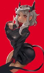 1girl, ass, black horns, black jacket, black miniskirt, black skirt, black suit, black tail, blush, breasts, business suit, closed mouth, curly hair, demon girl, demon horns, demon tail, formal, heart, heart-shaped pupils, helltaker, highres, horns, jacket, large breasts, leaning forward, long sleeves, looking at viewer, medium hair, miniskirt, modeus (helltaker), olaleheez, pants, red background, red eyes, red sweater, ribbed shirt, shirt, short hair, simple background, skirt, sleeves past wrists, solo, standing, suit, sweater, symbol-shaped pupils, tail, tight, tight pants, turtleneck, white hair
