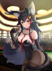 Rule 34 | 1girl, absurdres, alternate costume, animal ears, black gloves, black hair, black leotard, blurry, blurry background, breasts, brown pantyhose, card, ceiling light, choker, detached collar, elbow gloves, gloves, highres, holding, holding card, hololive, indoors, large breasts, leotard, long hair, neckerchief, neckerchief between breasts, ookami mio, ookami mio (1st costume), pantyhose, playboy bunny, rabbit ears, red choker, red neckerchief, sailor collar, solo, table, tail, thighband pantyhose, torakichi 888, very long hair, virtual youtuber, wolf ears, wolf girl, wolf tail