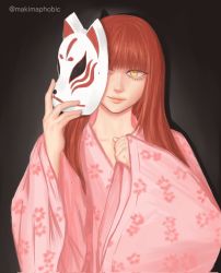 Rule 34 | 1girl, alternate costume, brown hair, chainsaw man, collarbone, covering one eye, fox mask, highres, holding, holding mask, japanese clothes, light smile, long hair, looking at viewer, makima (chainsaw man), makimaphobic, mask, pink robe, ringed eyes, robe, smile, solo, yellow eyes