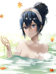 Rule 34 | 1girl, alternate hairstyle, ameno (a meno0), bathing, blue eyes, blue hair, blush, collarbone, commentary, fire emblem, fire emblem awakening, flat chest, hair between eyes, hair bun, leaf, lips, long hair, looking at viewer, lucina (fire emblem), nintendo, onsen, partially submerged, pink lips, single hair bun, smile, solo, symbol-only commentary, towel, towel on head, water