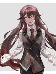 1girl absurdres alternate_costume black_pants border breasts brown_hair brown_necktie buttons collared_shirt collared_vest flower flower-shaped_pupils genshin_impact gloves grey_background grey_shirt grey_vest hair_between_eyes hands_up highres hu_tao_(genshin_impact) long_hair long_sleeves looking_at_viewer maka_(maka04021) medium_breasts necktie no_headwear open_mouth outside_border pants red_eyes shirt sidelocks simple_background smile solo standing symbol-shaped_pupils teeth tongue twintails vest white_border white_gloves