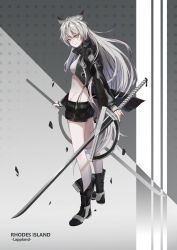 Rule 34 | 1girl, animal ears, arknights, bandeau, bare legs, belt, black belt, black footwear, black jacket, black nails, black shorts, boots, breasts, character name, chinese commentary, commentary request, dual wielding, fingerless gloves, gloves, grey background, grey eyes, groin, gugugu lu, head tilt, highres, holding, holding sword, holding weapon, jacket, katana, lappland (arknights), long hair, long sleeves, looking at viewer, medium breasts, midriff, nail polish, open clothes, open jacket, scar, scar across eye, scar on face, short shorts, shorts, silver hair, smile, solo, strapless, sword, thighs, tube top, very long hair, weapon, wolf ears