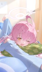 Rule 34 | 1girl, absurdres, ahoge, barefoot, blue archive, blue pajamas, blush, fang, hair between eyes, halo, highres, hoshino (blue archive), indoors, iwashi 111, long hair, long sleeves, looking at viewer, lying, on stomach, one eye closed, open mouth, pajamas, pink hair, pink halo, solo, toes, yellow eyes