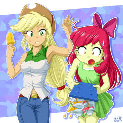 Rule 34 | 2girls, apple bloom, applejack, armpits, food, hat, highres, multiple girls, my little pony, my little pony: equestria girls, my little pony: friendship is magic, personification, popsicle, siblings, sisters, tagme, uotapo