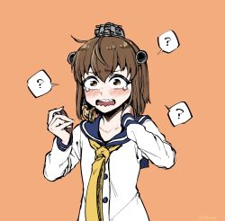 Rule 34 | 1girl, ?, blue sailor collar, blush, brown eyes, commentary, dress, hand on own neck, headgear, highres, kantai collection, long sleeves, neckerchief, open mouth, orange background, sailor collar, shide kouri, short hair, simple background, solo, spoken question mark, symbol-only commentary, tears, upper body, wavy mouth, white dress, yellow neckerchief, yukikaze (kancolle)