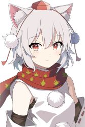 Rule 34 | 1girl, absurdres, animal ears, arina stepanova, detached sleeves, highres, inubashiri momiji, looking at viewer, pom pom (clothes), red eyes, red headwear, red scarf, scarf, shirt, smile, solo, touhou, white background, white hair, white shirt, wolf ears