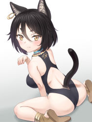 Rule 34 | 1girl, animal ears, ass, black hair, black one-piece swimsuit, breasts, cat ears, cat tail, closed mouth, commentary request, ear piercing, egyptian, fang, from behind, gradient background, grey background, hair between eyes, highres, looking at viewer, medium breasts, meow (nekodenki), one-piece swimsuit, original, paw pose, piercing, short hair, sitting, skin fang, solo, swimsuit, tail, usekh collar, wariza, yellow eyes
