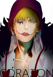 Rule 34 | 1boy, blonde hair, blue eyes, character name, donquixote rocinante, earflap hat, facial mark, glasgow smile, hat, heart, heart print, highres, limine, lipstick, makeup, male focus, one piece, open collar, parted lips, solo
