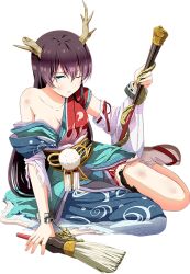 Rule 34 | 1girl, antlers, bare shoulders, blue eyes, breasts, brown hair, calligraphy brush, cleavage, detached sleeves, full body, horns, long hair, lying, medium breasts, official art, on side, one eye closed, oshiro project:re, paintbrush, ryuuouzan (oshiro project), solo, transparent background, tsukumo (soar99), very long hair