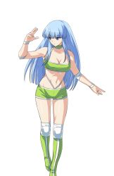 Rule 34 | 1girl, bare shoulders, blue eyes, blue hair, blunt bangs, boots, breasts, choker, cleavage, collarbone, long hair, looking to the side, midriff, nakatsui tamaki, navel, official art, okumura aki, ring dream, serious, shorts, solo, transparent background, wrestling outfit