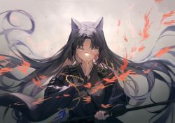 Rule 34 | 1girl, absurdres, animal ears, arknights, black hair, black kimono, blood, blood on face, grey background, hand up, highres, japanese clothes, kimono, long hair, long sleeves, saga (arknights), shiyoushan, solo, upper body, yellow eyes