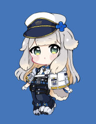 Rule 34 | 1girl, animal ears, blue background, blue pants, blush stickers, brown hair, capelet, chibi, commentary, full body, gloves, green eyes, grey hair, half gloves, hat, highres, long hair, multicolored hair, nijisanji, nozo (hitomiz), pants, parted lips, paw shoes, peaked cap, shioriha ruri, shirt, shoes, simple background, solo, tail, two-tone hair, very long hair, virtual youtuber, white capelet, white footwear, white gloves, white hat, white shirt