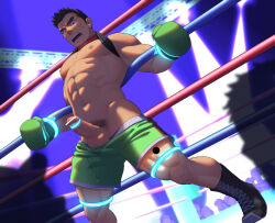 Rule 34 | 1boy, abs, bar censor, bara, bare pectorals, boots, boxing gloves, boxing ring, censored, clothes lift, clothes pull, cock ring, crowd, dark-skinned male, dark skin, erection, foreskin, girthy penis, green shorts, itto (mentaiko), large pectorals, little mac, male focus, male pubic hair, muscular, muscular male, navel, navel hair, nintendo, nipples, paid reward available, pectorals, penis, pubic hair, punch-out!!, sex toy, shirt behind neck, shirt lift, short hair, shorts, shorts pull, solo, stomach, thick eyebrows, thick thighs, thighs, wrestling outfit, wrestling ring