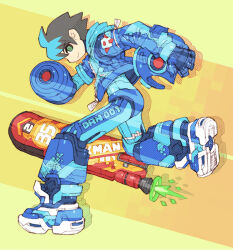 Rule 34 | alternate costume, anniversary, arm cannon, armored boots, blue footwear, blue jacket, boots, brown hair, character name, copyright name, green eyes, helmet, holding, holding helmet, hood, hooded jacket, hoverboard, jacket, mega man (character), mega man (series), nakayama tooru, no headwear, short hair, spiked hair, weapon, yellow background