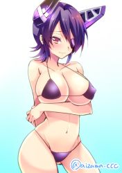 Rule 34 | 10s, 1girl, aizawa chihiro, bikini, blush, breasts, cleavage, covered erect nipples, eyepatch, kantai collection, large breasts, looking at viewer, navel, purple hair, short hair, solo, standing, swimsuit, tenryuu (kancolle), yellow eyes