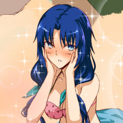 Rule 34 | 1girl, axia-chan, bikini, blue eyes, blue hair, blush, breasts, cleavage, elesia, hands on own face, large breasts, long hair, lowres, sandals, solo, sparkle, swimsuit, tsukihime, upper body, very long hair