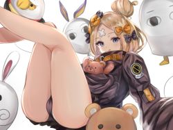 Rule 34 | 1girl, :o, abigail williams (fate), abigail williams (traveling outfit) (fate), ass, bare legs, black bow, black jacket, black panties, blonde hair, blue eyes, blush, bow, commentary request, fate/grand order, fate (series), fou (fate), hair bow, hair bun, jacket, long hair, long sleeves, looking at viewer, medjed (fate), hugging object, official alternate costume, orange bow, panties, parted bangs, parted lips, polka dot, polka dot bow, simple background, single hair bun, sleeves past fingers, sleeves past wrists, solo, stuffed animal, stuffed toy, teddy bear, underwear, white background, yutoriko (candy0905)