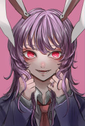 Rule 34 | 1girl, animal ears, arms up, blazer, collared shirt, commentary request, eyelashes, glowing, glowing eyes, highres, holding, holding own hair, jacket, light purple hair, long hair, long sleeves, looking at viewer, lower teeth only, mamiru (42105269), necktie, nostrils, one-hour drawing challenge, open mouth, pink background, rabbit ears, red eyes, red necktie, reisen udongein inaba, ringed eyes, shirt, sidelocks, simple background, smile, solo, standing, suit jacket, teeth, tongue, touhou, upper body, white shirt, wing collar