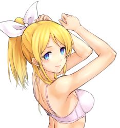 Rule 34 | 10s, 1girl, arms up, ayase eli, blue eyes, bra, breasts, from side, hair ribbon, looking at viewer, love live!, love live! school idol festival, love live! school idol project, nazunakku, pink bra, ponytail, ribbon, short hair, smile, solo, underwear, underwear only, upper body, white background