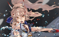Rule 34 | 1girl, ascot, ayanami (azur lane), azur lane, bandaid, bandaid on arm, belt, blurry, breasts, bruise, burnt clothes, choker, commentary request, depth of field, detached sleeves, eyes visible through hair, fighting, hair ornament, hairclip, headgear, highres, holding, holding sword, holding weapon, injury, kdm (ke dama), long hair, looking at viewer, open mouth, orange eyes, pleated skirt, ponytail, retrofit (azur lane), school uniform, serafuku, sideboob, sidelocks, silver hair, skirt, solo, sword, torn clothes, v-shaped eyebrows, water drop, weapon, wind