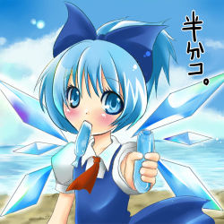 Rule 34 | 1girl, bad id, bad pixiv id, beach, blue hair, cirno, day, dress, embodiment of scarlet devil, female focus, food, foreshortening, ice cream, incoming food, lowres, ocean, outdoors, ribbon, sky, solo, takamoto akisa, touhou, upper body, wings