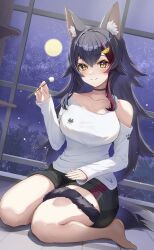 Rule 34 | 1girl, absurdres, animal ears, bare shoulders, black hair, detached sleeves, highres, hololive, long hair, looking at viewer, ookami mio, shirt, sky, smile, solo, star (sky), starry sky, torakichi 888, virtual youtuber, white shirt, yellow eyes