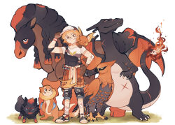 Rule 34 | 1girl, absurdres, adjusting clothes, adjusting headwear, alternate color, animal, animal on shoulder, arm up, bandaged leg, bandages, baseball cap, black overalls, brown eyes, brown gloves, buizel, charizard, closed mouth, clothes around waist, commentary, creatures (company), elbow gloves, english commentary, full body, game freak, gauze on arm, gauze on knee, gen 1 pokemon, gen 4 pokemon, gen 5 pokemon, gen 6 pokemon, gen 7 pokemon, gloves, grass, hand on own hip, hat, highres, holding, holding clothes, holding hat, huckypaw, jacket, jacket around waist, looking at viewer, mudsdale, nintendo, orange hair, orange jacket, orange theme, original, overalls, plaid, plaid jacket, poke ball, pokemon, pokemon (creature), raichu, scar, scar on arm, scar on leg, shiny pokemon, shirt, short hair, short sleeves, simple background, single elbow glove, solo, standing, suspenders, suspenders slip, t-shirt, talonflame, waist poke ball, white background, white shirt, zorua