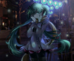 Rule 34 | 1girl, alternate costume, bench, black pantyhose, blurry, church, coat, cowboy shot, crying, depth of field, glowing, green eyes, green hair, hands on own cheeks, hands on own face, hatsune miku, indoors, lantern, long hair, long sleeves, looking at viewer, mariwai (marireroy), matching hair/eyes, miniskirt, outdoors, pantyhose, photo background, pleated skirt, ribbon, scarf, shinri ibitsu, skirt, snowing, solo, tears, tree, twintails, very long hair, vocaloid