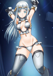 Rule 34 | 1girl, armpits, arms behind head, arms up, bare shoulders, bikini, blue eyes, breasts, cleavage, elbow gloves, fate/grand order, fate (series), galatea (fate), gloves, halterneck, highres, joints, long hair, looking at viewer, medium breasts, navel, parted bangs, robot joints, shinsaku (stan-art), solo, swimsuit, thighhighs, thighs, tiara, white bikini, white gloves, white hair, white thighhighs