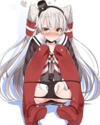 Rule 34 | 10s, 1girl, amatsukaze (kancolle), black panties, blush, brown eyes, choker, commentary request, dress, garter straps, gloves, hair tubes, heart, heart hands, highres, kantai collection, knees together feet apart, long hair, looking at viewer, mtu (orewamuzituda), nose blush, panties, panty pull, red thighhighs, sailor collar, sailor dress, short dress, silver hair, single glove, sitting, solo, striped clothes, striped thighhighs, thighhighs, two side up, underwear, white gloves